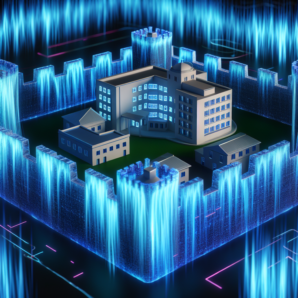 A digital fortress surrounding a hospital, symboli